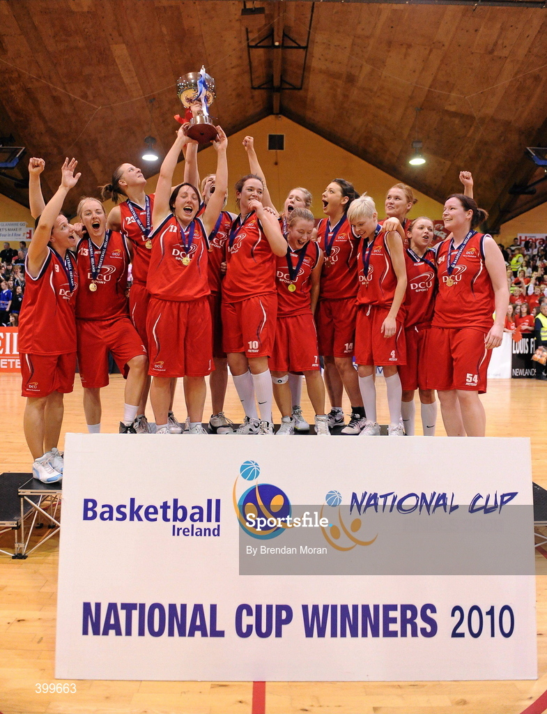 31 January 2010; The DCU Mercy team celebrate with the cup after the game. Women's Superleague National Cup Final 2010, Team Montenotte Hotel Cork v DCU Mercy, National Basketball Arena, Tallaght, Dublin. Picture credit: Brendan Moran / SPORTSFILE