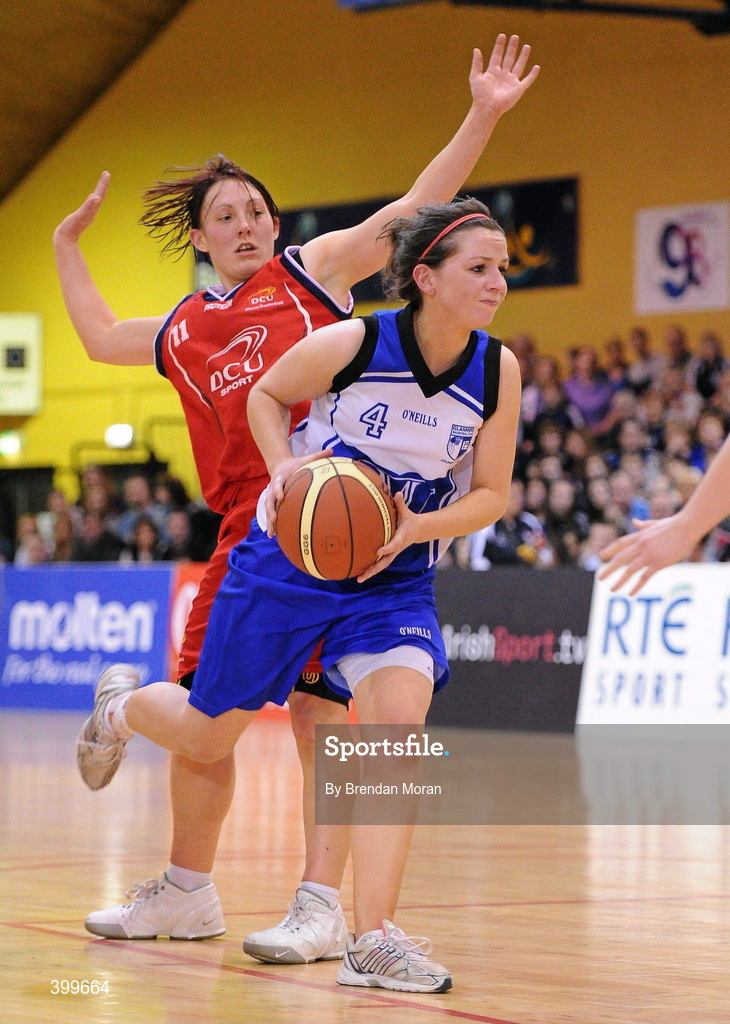 31 January 2010; Aine McKenna, Team Montenotte Hotel Cork, in action against Lindsay Peat, DCU Mercy. Women's Superleague National Cup Final 2010, Team Montenotte Hotel Cork v DCU Mercy, National Basketball Arena, Tallaght, Dublin. Picture credit: Brendan Moran / SPORTSFILE