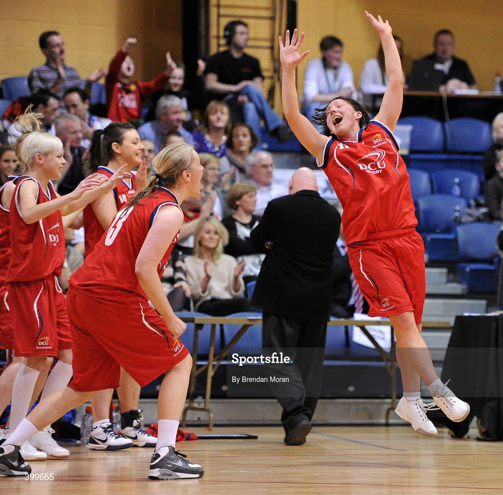 31 January 2010; Lyndsay Peat, right, DCU Mercy, celebrates at the final buzzer with her team-mates. Women's Superleague National Cup Final 2010, Team Montenotte Hotel Cork v DCU Mercy, National Basketball Arena, Tallaght, Dublin. Picture credit: Brendan Moran / SPORTSFILE