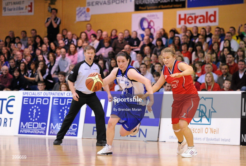31 January 2010; Grainne Dwyer, Team Montenotte Hotel Cork, in action against Sarah McGrath, DCU Mercy. Women's Superleague National Cup Final 2010, Team Montenotte Hotel Cork v DCU Mercy, National Basketball Arena, Tallaght, Dublin. Picture credit: Brendan Moran / SPORTSFILE