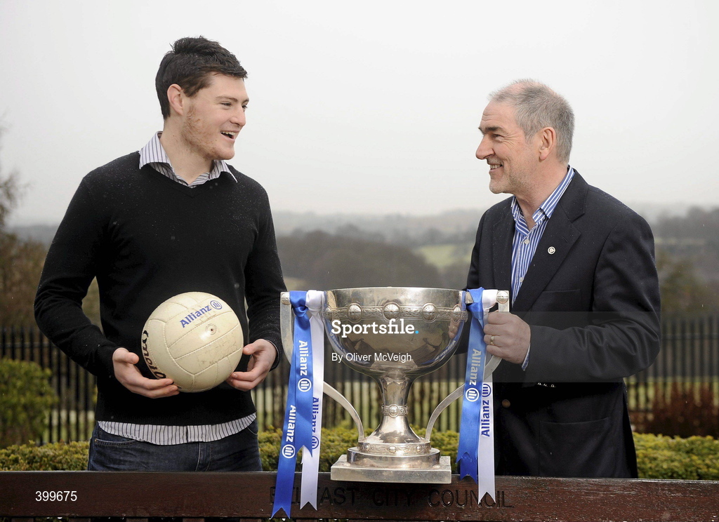 3 February 2010; Tyrone manager Mickey Harte, right, and Down footballer Martin Clarke at the Belfast launch of the Allianz GAA National Football Leagues 2010. Belfast, Co. Antrim. Malone House, Barnett Demesne, Belfast, Co. Antrim. Picture credit: Oliver McVeigh / SPORTSFILE