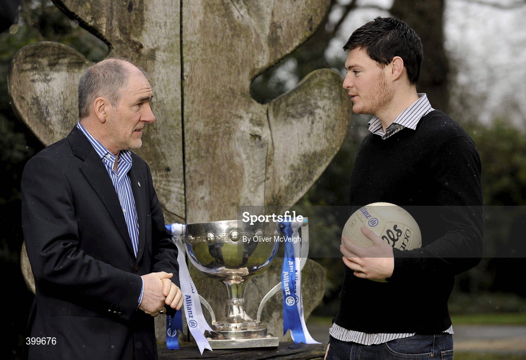 3 February 2010; Tyrone manager Mickey Harte, left, and Down footballer Martin Clarke at the Belfast launch of the Allianz GAA National Football Leagues 2010. Belfast, Co. Antrim. Malone House, Barnett Demesne, Belfast, Co. Antrim. Picture credit: Oliver McVeigh / SPORTSFILE