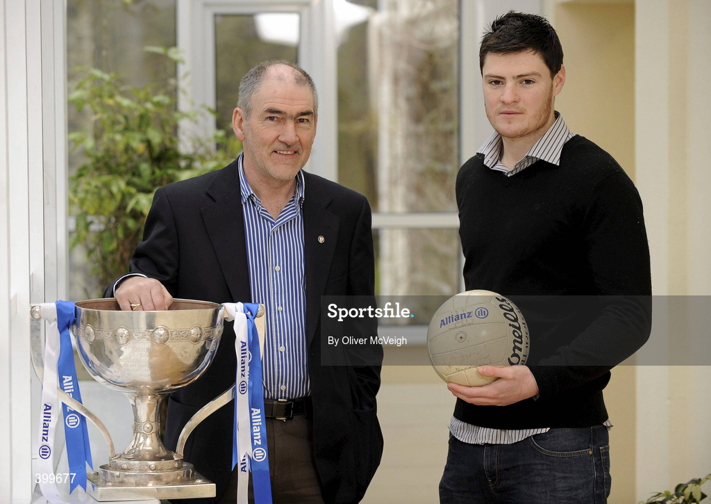 3 February 2010; Mickey Harte,Tyrone Manager and Martin Clarke, Down Footballer, at the Belfast launch of the Allianz GAA National Football Leagues 2010. Belfast, Co. Antrim. Malone House, Barnett Demesne, Belfast, Co. Antrim. Picture credit: Oliver McVeigh / SPORTSFILE
