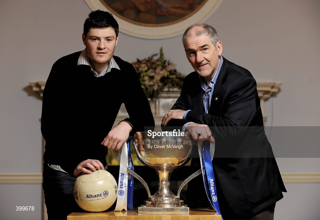 3 February 2010; Tyrone manager Mickey Harte, right, and Down footballer Martin Clarke at the Belfast launch of the Allianz GAA National Football Leagues 2010. Belfast, Co. Antrim. Malone House, Barnett Demesne, Belfast, Co. Antrim. Picture credit: Oliver McVeigh / SPORTSFILE