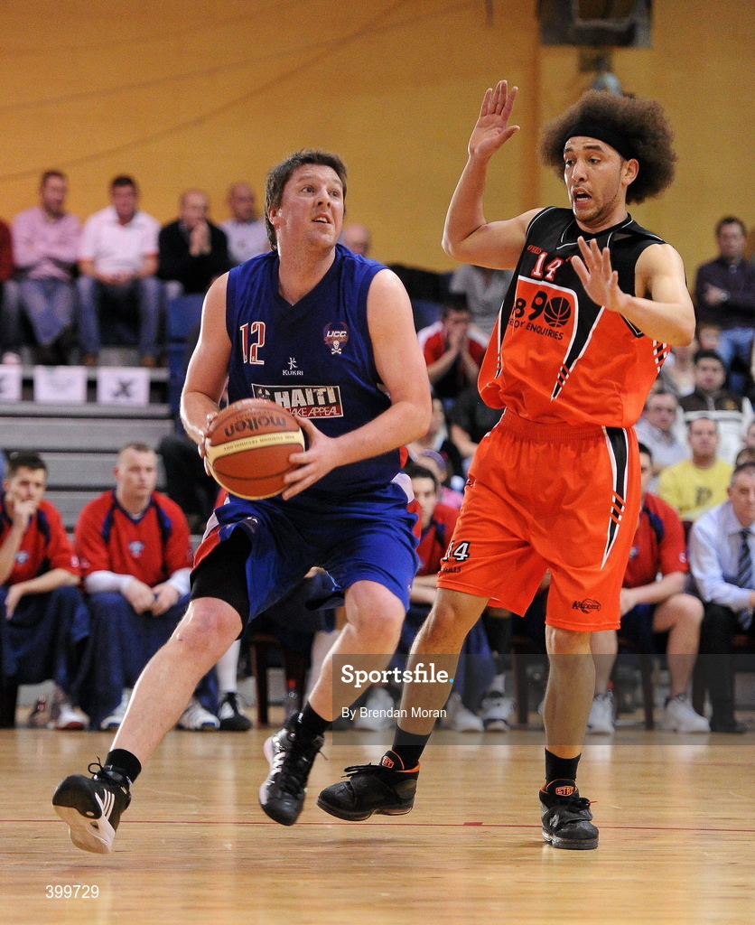 31 January 2010; Niall O'Reilly, UCC Demons, in action against Michael Westbrooks, Killester. Men's Superleague National Cup Final 2010, Killester v UCC Demons, National Basketball Arena, Tallaght, Dublin. Picture credit: Brendan Moran / SPORTSFILE