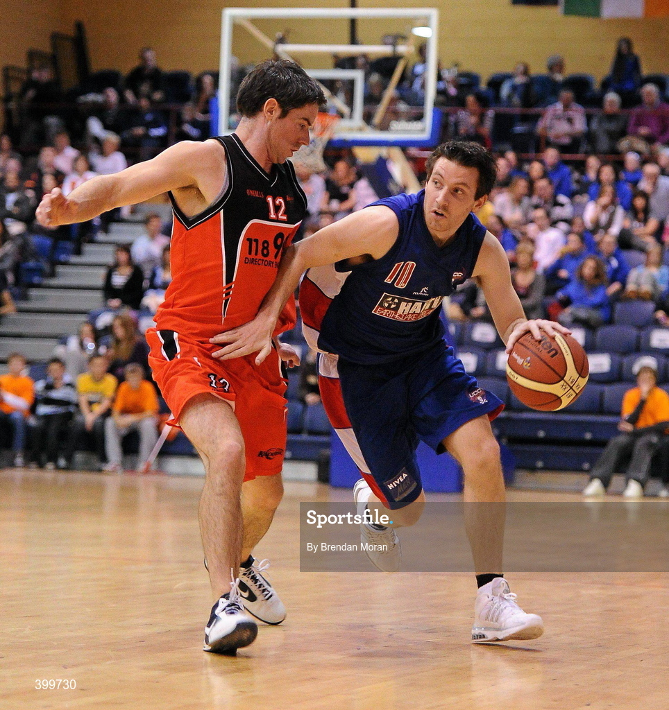 31 January 2010; David Murphy, UCC Demons, in action against Pete Madsen, Killester. Men's Superleague National Cup Final 2010, Killester v UCC Demons, National Basketball Arena, Tallaght, Dublin. Picture credit: Brendan Moran / SPORTSFILE