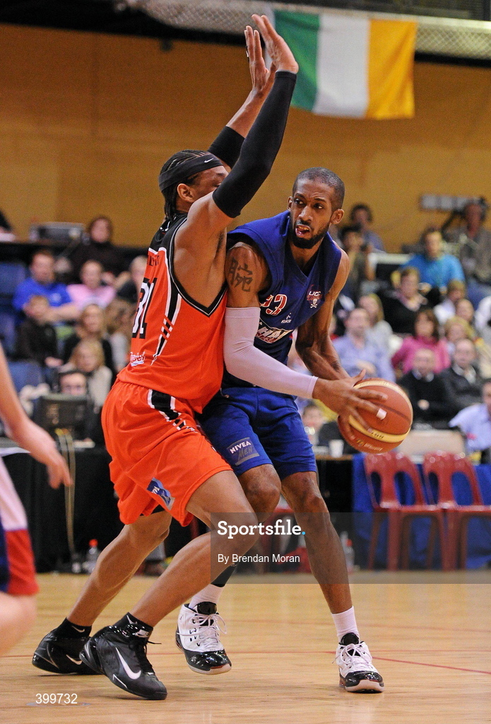 31 January 2010; Tyrone Beale, UCC Demons, in action against Jermaine Turner, Killester. Men's Superleague National Cup Final 2010, Killester v UCC Demons, National Basketball Arena, Tallaght, Dublin. Picture credit: Brendan Moran / SPORTSFILE
