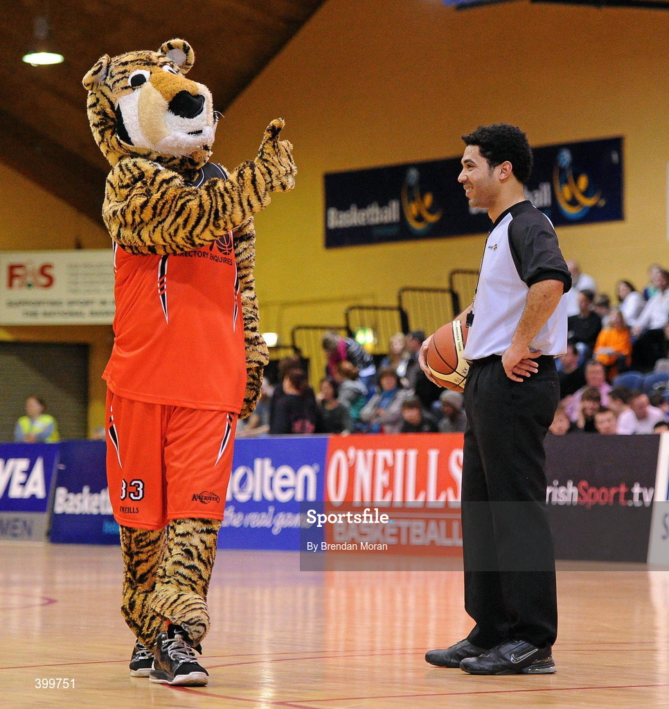 31 January 2010; Referee David Caballe is entertained by the Killester mascot during a time-out. Men's Superleague National Cup Final 2010, Killester v UCC Demons, National Basketball Arena, Tallaght, Dublin. Picture credit: Brendan Moran / SPORTSFILE