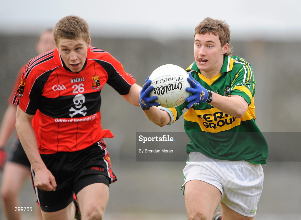 30 January 2010; James O'Donoghue, Kerry, in action against Peter Crowley, University College Cork. Munster GAA McGrath Cup Senior Football Final, Kerry v University College Cork, Austin Stack Park, Tralee, Co. Kerry. Picture credit: Brendan Moran / SPORTSFILE