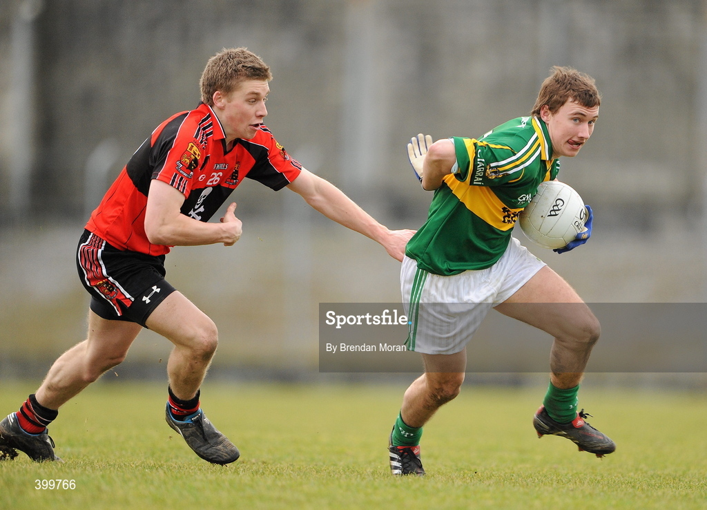 30 January 2010; James O'Donoghue, Kerry, in action against Peter Crowley, University College Cork. Munster GAA McGrath Cup Senior Football Final, Kerry v University College Cork, Austin Stack Park, Tralee, Co. Kerry. Picture credit: Brendan Moran / SPORTSFILE