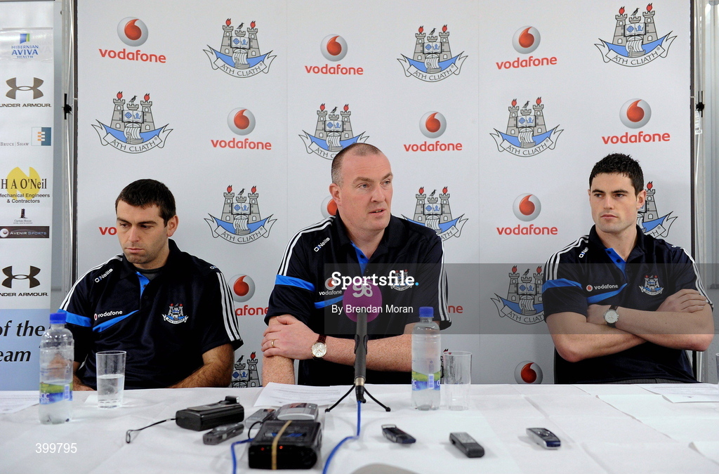 4 February 2010; Dublin manager Pat Gilroy, in the company of David Henry, left, and Ross McConnell, speaking during a press conference ahead of their Allianz GAA Football National League against Kerry on Sunday. Dublin Training Facility, DCU St. Clare’s, Glasnevin, Dublin. Picture credit: Brendan Moran / SPORTSFILE
