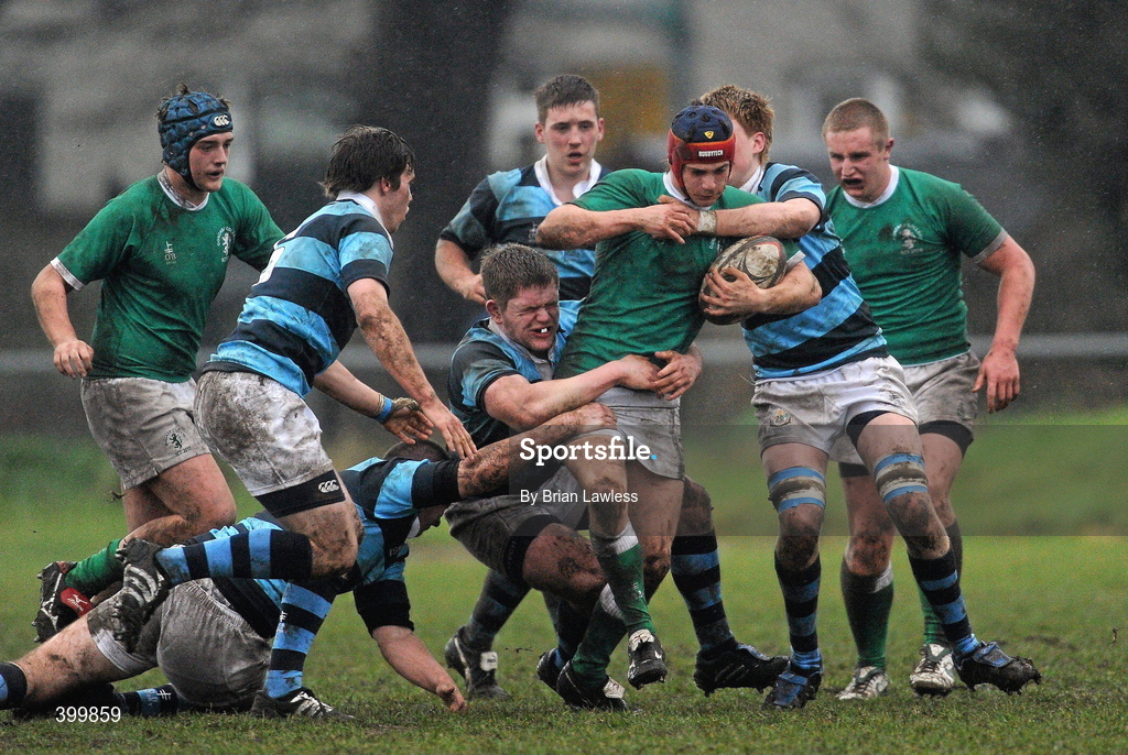 4 February 2010; Donagh Seaver O'Leary, Gonzaga College SJ, tries to break through the Castleknock College defence. Leinster Schools Senior Cup 1st Round, Gonzaga College SJ v Castleknock College, Stradbrook Road, Blackrock, Co. Dublin. Picture credit: Brian Lawless / SPORTSFILE