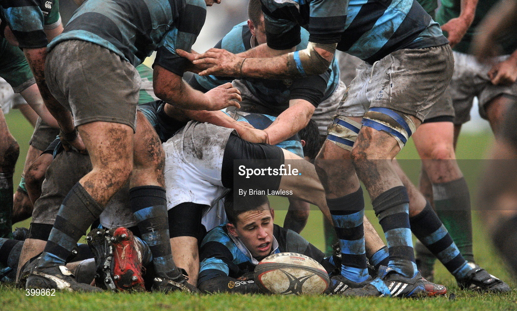 4 February 2010; Philip Byrne, Castleknock College, releases the ball in the ruck. Leinster Schools Senior Cup 1st Round, Gonzaga College SJ v Castleknock College, Stradbrook Road, Blackrock, Co. Dublin. Picture credit: Brian Lawless / SPORTSFILE