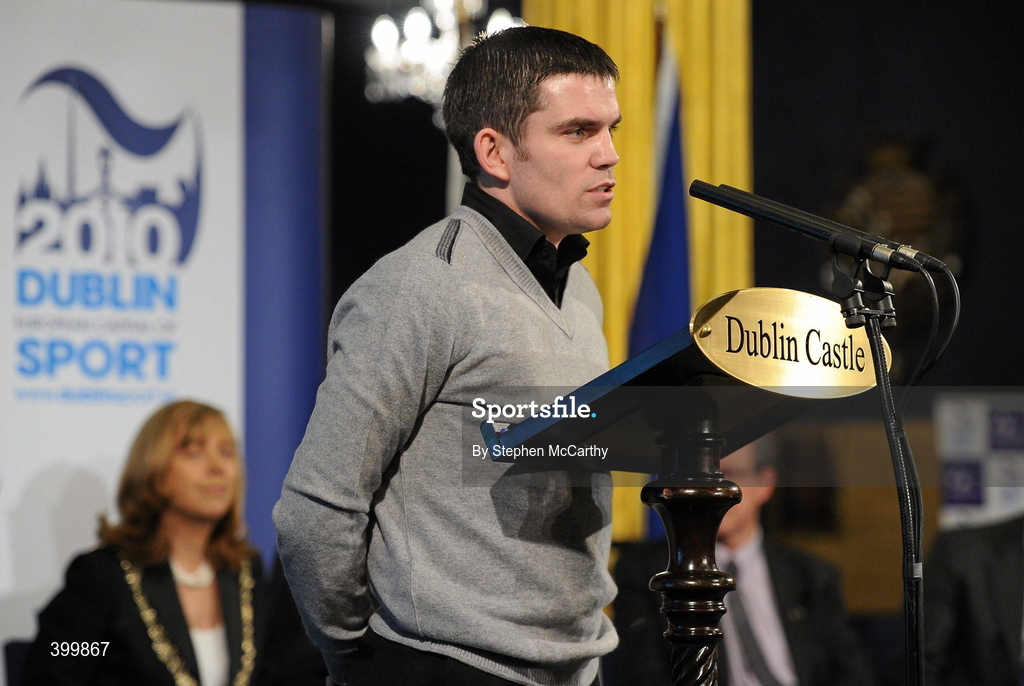 4 February 2010; Boxer and Ambassador of Dublin Sport 2010 Bernard Dunne speaking at the handing over ceremony of the European Capital of Sport trophy. Lord Mayor Councillor Emer Costello announced the appointment of eleven ambassadors of sport from Dublin’s sporting communities to celebrate the achievements of the Capital and its citizens at the start of Dublin – European Capital of Sport 2010 today. The Ambassadors of Dublin Sport were nominated by their clubs and sporting governing bodies. St Patrick's Hall, Dublin Castle, Dublin. Picture credit: Stephen McCarthy / SPORTSFILE