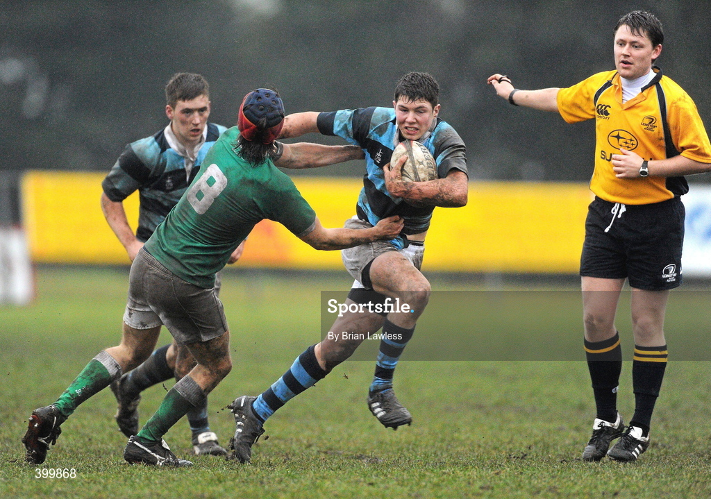 4 February 2010; Ross Jones, supported by Brendan O'Malley, Castleknock College, in action against Donagh Seaver O'Leary, Gonzaga College SJ. Leinster Schools Senior Cup 1st Round, Gonzaga College SJ v Castleknock College, Stradbrook Road, Blackrock, Co. Dublin. Picture credit: Brian Lawless / SPORTSFILE