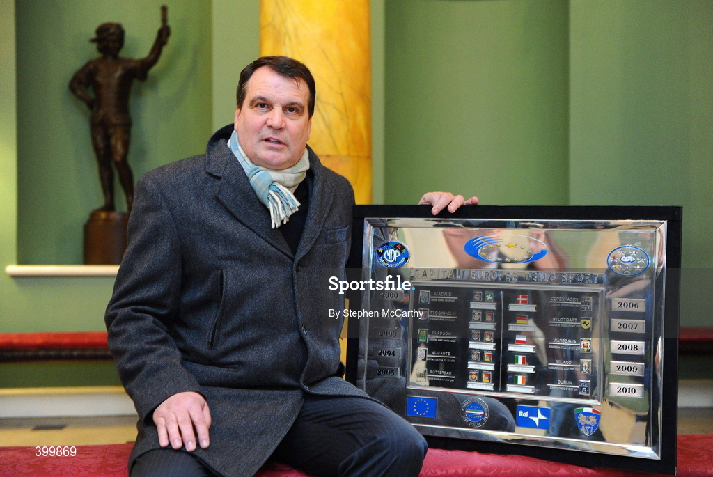 4 February 2010; Republic of Ireland assistant manager Marco Tardelli with the European Captial of Sport trophy. Lord Mayor Councillor Emer Costello announced the appointment of eleven ambassadors of sport from Dublin’s sporting communities to celebrate the achievements of the Capital and its citizens at the start of Dublin – European Capital of Sport 2010 today. The Ambassadors of Dublin Sport were nominated by their clubs and sporting governing bodies. St Patrick's Hall, Dublin Castle, Dublin. Picture credit: Stephen McCarthy / SPORTSFILE