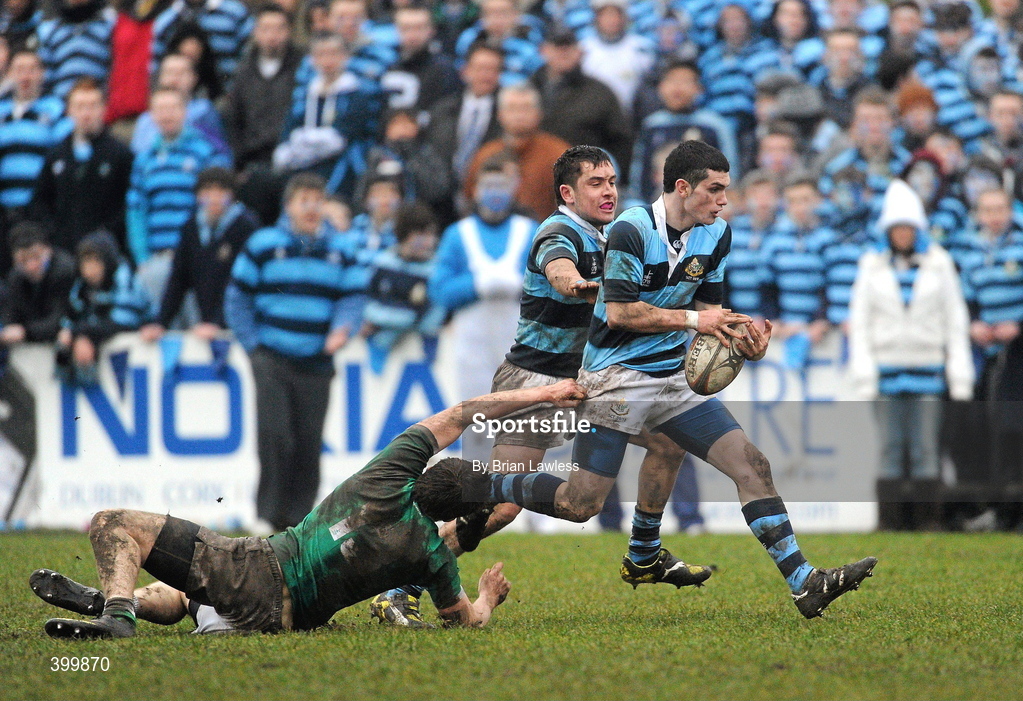 4 February 2010; Mark O'Sullivan, supported by Sean Lacey, Castleknock College, in action against Daniel Diviney, Gonzaga College SJ. Leinster Schools Senior Cup 1st Round, Gonzaga College SJ v Castleknock College, Stradbrook Road, Blackrock, Co. Dublin. Picture credit: Brian Lawless / SPORTSFILE