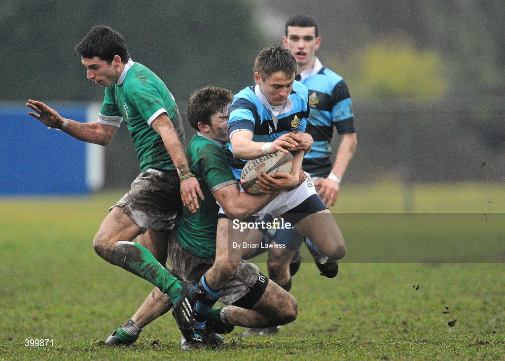 4 February 2010; Fergus Toolan, Castleknock College, in action against Sean Murphy, left, and Daniel Diviney, Gonzaga College SJ. Leinster Schools Senior Cup 1st Round, Gonzaga College SJ v Castleknock College, Stradbrook Road, Blackrock, Co. Dublin. Picture credit: Brian Lawless / SPORTSFILE