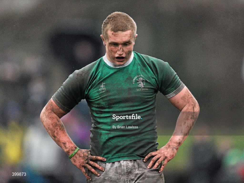 4 February 2010; A dejected Patrick Lavelle, Gonzaga College SJ, after the final whistle. Leinster Schools Senior Cup 1st Round, Gonzaga College SJ v Castleknock College, Stradbrook Road, Blackrock, Co. Dublin. Picture credit: Brian Lawless / SPORTSFILE