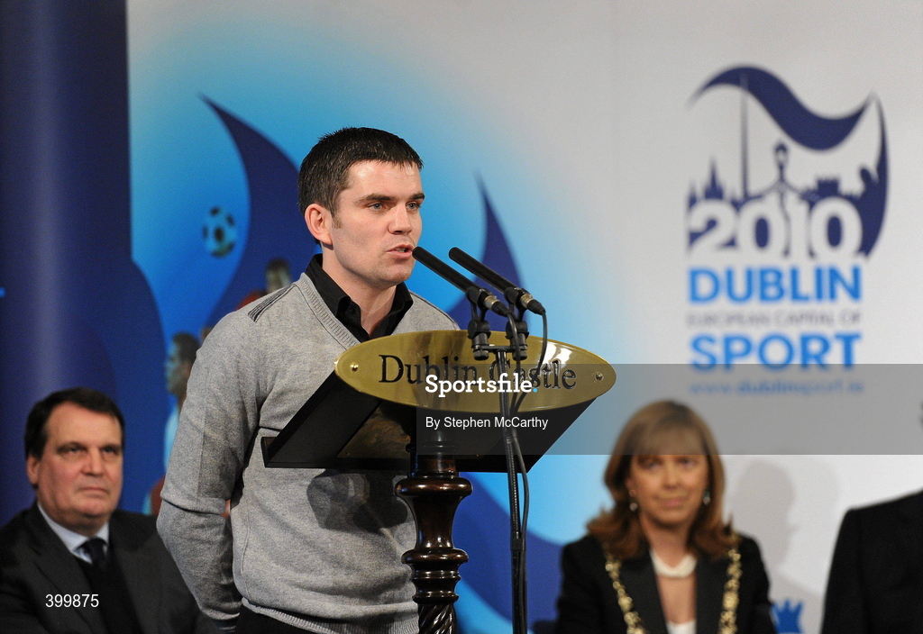 4 February 2010; Boxer and Ambassador of Dublin Sport 2010 Bernard Dunne speaking at the handing over ceremony of the European Capital of Sport trophy. Lord Mayor Councillor Emer Costello announced the appointment of eleven ambassadors of sport from Dublin’s sporting communities to celebrate the achievements of the Capital and its citizens at the start of Dublin – European Capital of Sport 2010 today. The Ambassadors of Dublin Sport were nominated by their clubs and sporting governing bodies. St Patrick's Hall, Dublin Castle, Dublin. Picture credit: Stephen McCarthy / SPORTSFILE