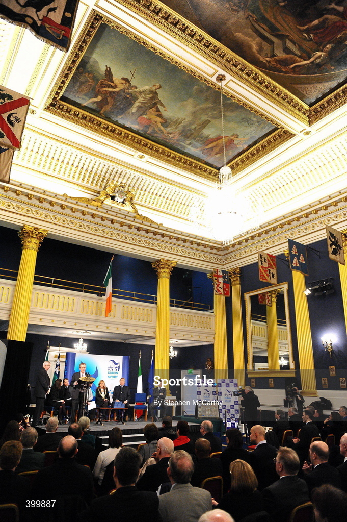 4 February 2010; A general view of the handing over ceremony of the European Capital of Sport trophy and flag. Lord Mayor Councillor Emer Costello announced the appointment of eleven ambassadors of sport from Dublin’s sporting communities to celebrate the achievements of the Capital and its citizens at the start of Dublin – European Capital of Sport 2010 today. The Ambassadors of Dublin Sport were nominated by their clubs and sporting governing bodies. St Patrick's Hall, Dublin Castle, Dublin. Picture credit: Stephen McCarthy / SPORTSFILE