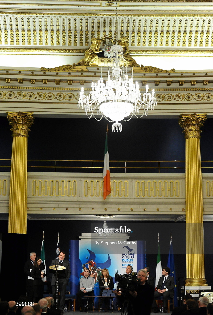 4 February 2010; Republic of Ireland assistant manager Marco Tardelli speaking at the handing over ceremony of the European Capital of Sport trophy. Lord Mayor Councillor Emer Costello announced the appointment of eleven ambassadors of sport from Dublin’s sporting communities to celebrate the achievements of the Capital and its citizens at the start of Dublin – European Capital of Sport 2010 today. The Ambassadors of Dublin Sport were nominated by their clubs and sporting governing bodies. St Patrick's Hall, Dublin Castle, Dublin. Picture credit: Stephen McCarthy / SPORTSFILE
