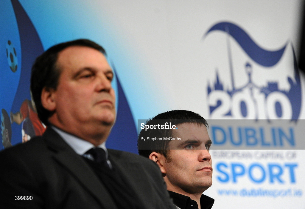 4 February 2010; Boxer and Ambassador of Dublin Sport 2010 Bernard Dunne and Republic of Ireland assistant manager Marco Tardelli at the handing over ceremony of the European Capital of Sport trophy and flag. Lord Mayor Councillor Emer Costello announced the appointment of eleven ambassadors of sport from Dublin’s sporting communities to celebrate the achievements of the Capital and its citizens at the start of Dublin – European Capital of Sport 2010 today. The Ambassadors of Dublin Sport were nominated by their clubs and sporting governing bodies. St Patrick's Hall, Dublin Castle, Dublin. Picture credit: Stephen McCarthy / SPORTSFILE