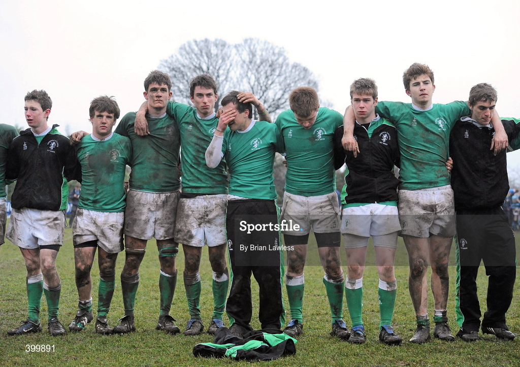 4 February 2010; Dejected Gonzaga College SJ players stand together as their fans applaud them after the match. Leinster Schools Senior Cup 1st Round, Gonzaga College SJ v Castleknock College, Stradbrook Road, Blackrock, Co. Dublin. Picture credit: Brian Lawless / SPORTSFILE