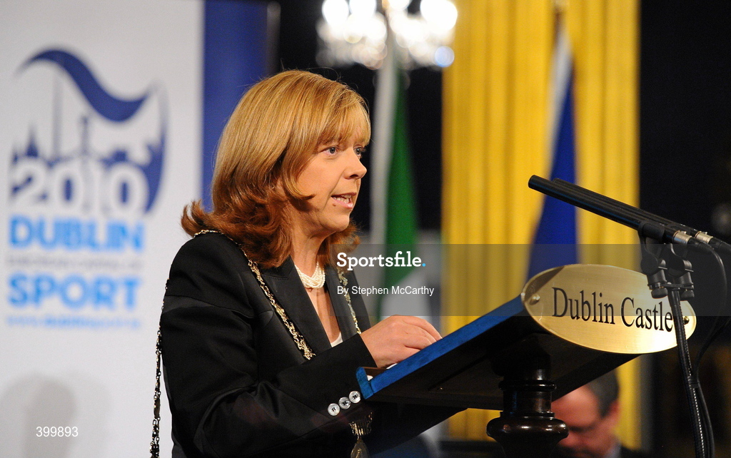 4 February 2010; Lord Mayor Councillor Emer Costello speaking at the handing over ceremony of the European Capital of Sport trophy and flag. Lord Mayor Councillor Emer Costello announced the appointment of eleven ambassadors of sport from Dublin’s sporting communities to celebrate the achievements of the Capital and its citizens at the start of Dublin – European Capital of Sport 2010 today. The Ambassadors of Dublin Sport were nominated by their clubs and sporting governing bodies. St Patrick's Hall, Dublin Castle, Dublin. Picture credit: Stephen McCarthy / SPORTSFILE