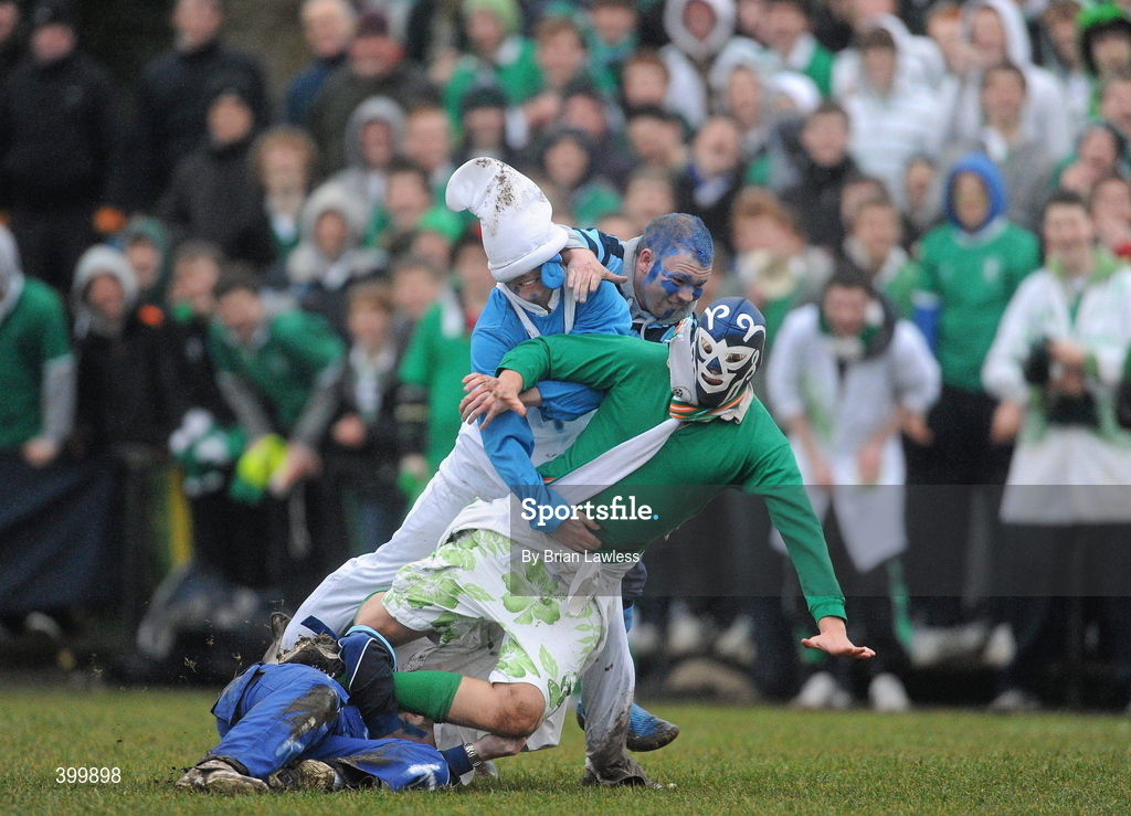 4 February 2010; Castleknock College supporters tackle a Gonzaga College SJ supporter after he tackled their fellow pupil to the ground. Leinster Schools Senior Cup 1st Round, Gonzaga College SJ v Castleknock College, Stradbrook Road, Blackrock, Co. Dublin. Picture credit: Brian Lawless / SPORTSFILE