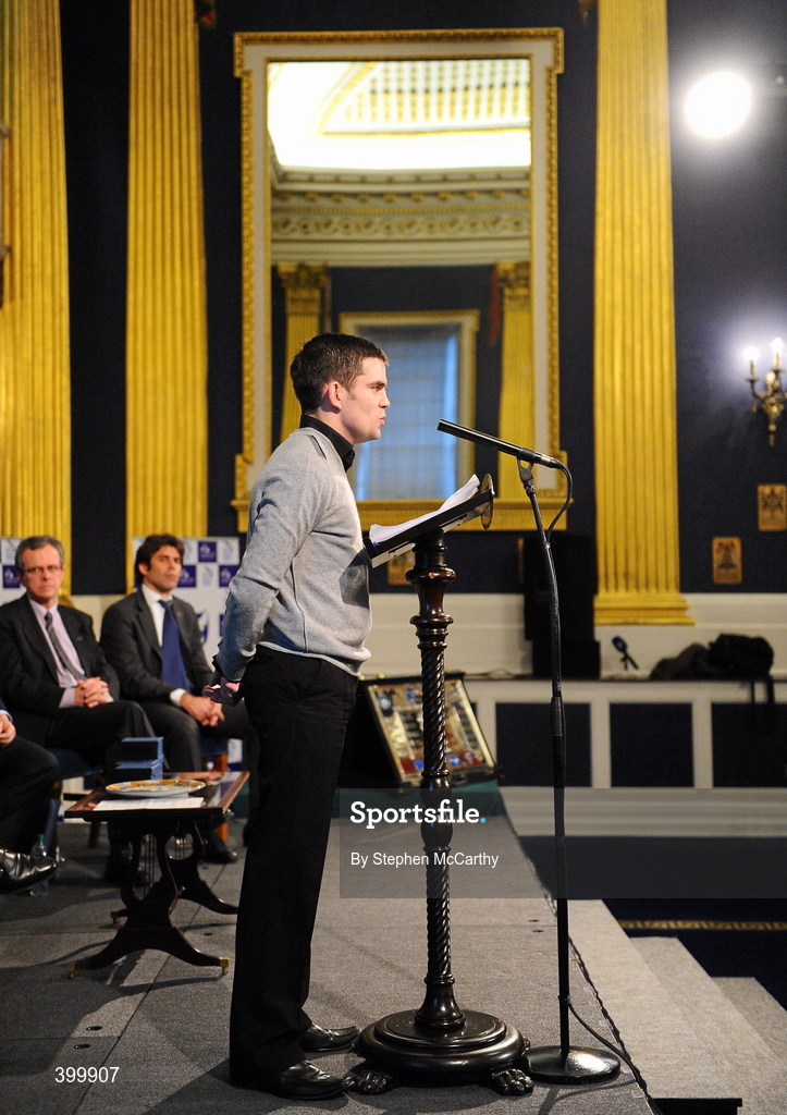 4 February 2010; Boxer and Ambassador of Dublin Sport 2010 Bernard Dunne speaking at the handing over ceremony of the European Capital of Sport trophy and flag. Lord Mayor Councillor Emer Costello announced the appointment of eleven ambassadors of sport from Dublin’s sporting communities to celebrate the achievements of the Capital and its citizens at the start of Dublin – European Capital of Sport 2010 today. The Ambassadors of Dublin Sport were nominated by their clubs and sporting governing bodies. St Patrick's Hall, Dublin Castle, Dublin. Picture credit: Stephen McCarthy / SPORTSFILE