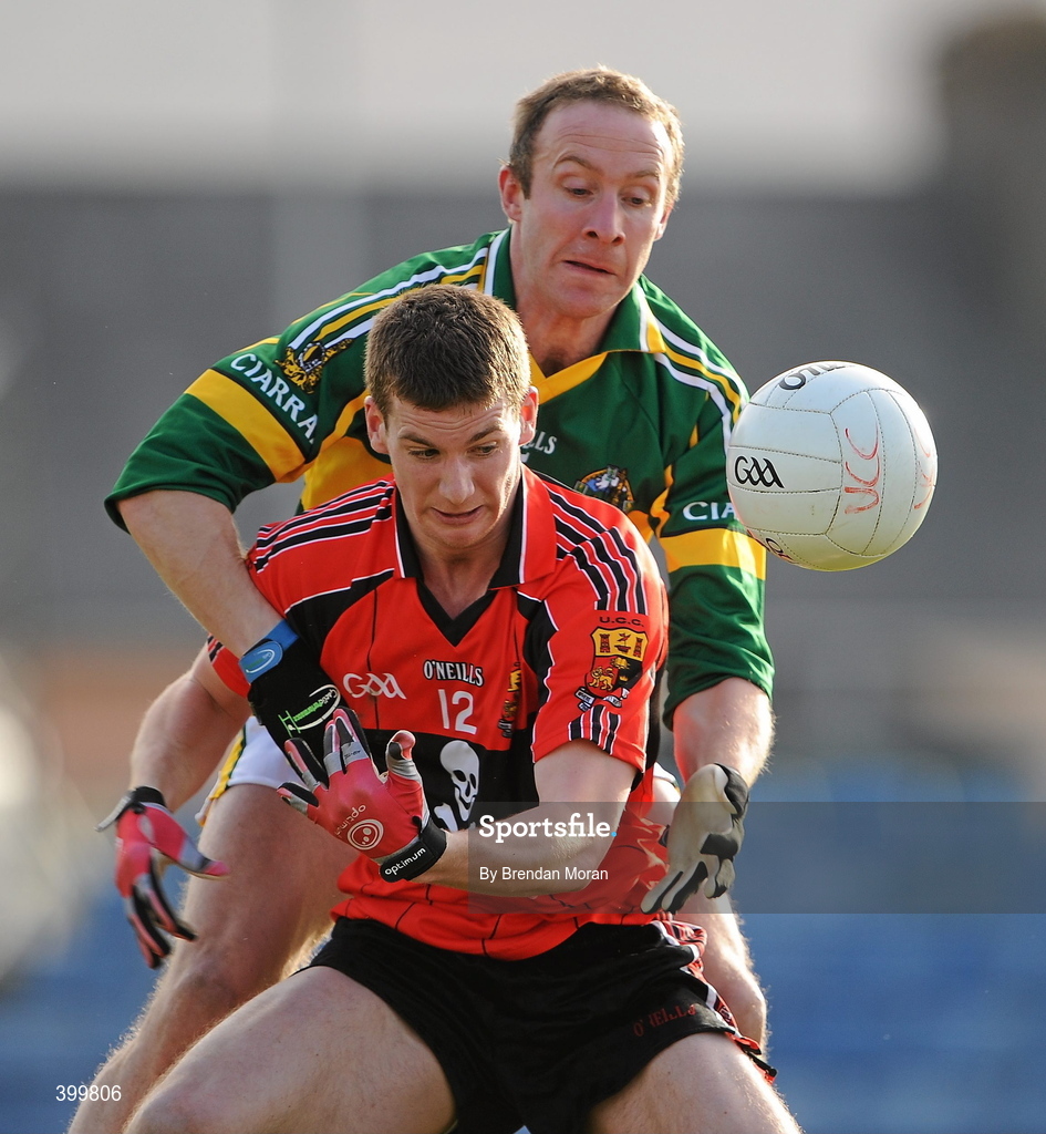 30 January 2010; David Goold, University College Cork, in action against Tommy Griffin, Kerry. Munster GAA McGrath Cup Senior Football Final, Kerry v University College Cork, Austin Stack Park, Tralee, Co. Kerry. Picture credit: Brendan Moran / SPORTSFILE