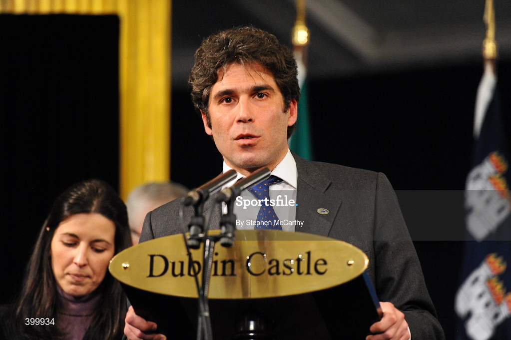 4 February 2010; Cllr. Alan Christian Rizzi, from Milan, Italy, holder of the 2009 Capital of Sport designation, speaking at the handing over ceremony of the European Capital of Sport trophy and flag. Lord Mayor Councillor Emer Costello announced the appointment of eleven ambassadors of sport from Dublin’s sporting communities to celebrate the achievements of the Capital and its citizens at the start of Dublin – European Capital of Sport 2010 today. The Ambassadors of Dublin Sport were nominated by their clubs and sporting governing bodies. St Patrick's Hall, Dublin Castle, Dublin. Picture credit: Stephen McCarthy / SPORTSFILE