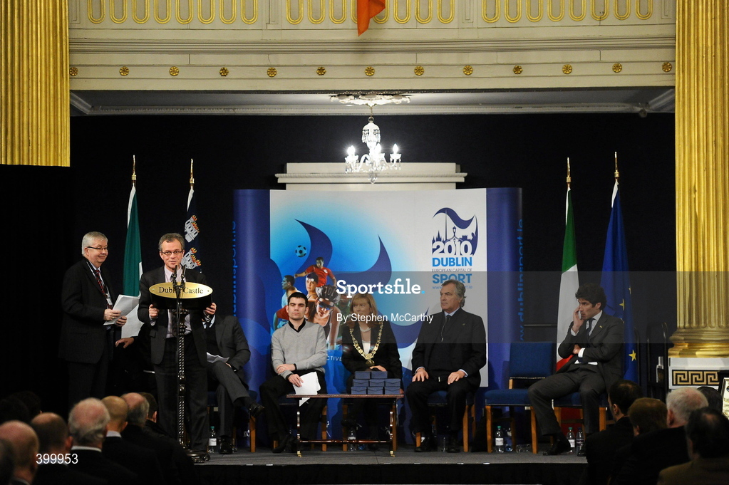 4 February 2010; Pierre Mairesse, EU Commission, speaking at the handing over ceremony of the European Capital of Sport trophy and flag. Lord Mayor Councillor Emer Costello announced the appointment of eleven ambassadors of sport from Dublin’s sporting communities to celebrate the achievements of the Capital and its citizens at the start of Dublin – European Capital of Sport 2010 today. The Ambassadors of Dublin Sport were nominated by their clubs and sporting governing bodies. St Patrick's Hall, Dublin Castle, Dublin. Picture credit: Stephen McCarthy / SPORTSFILE