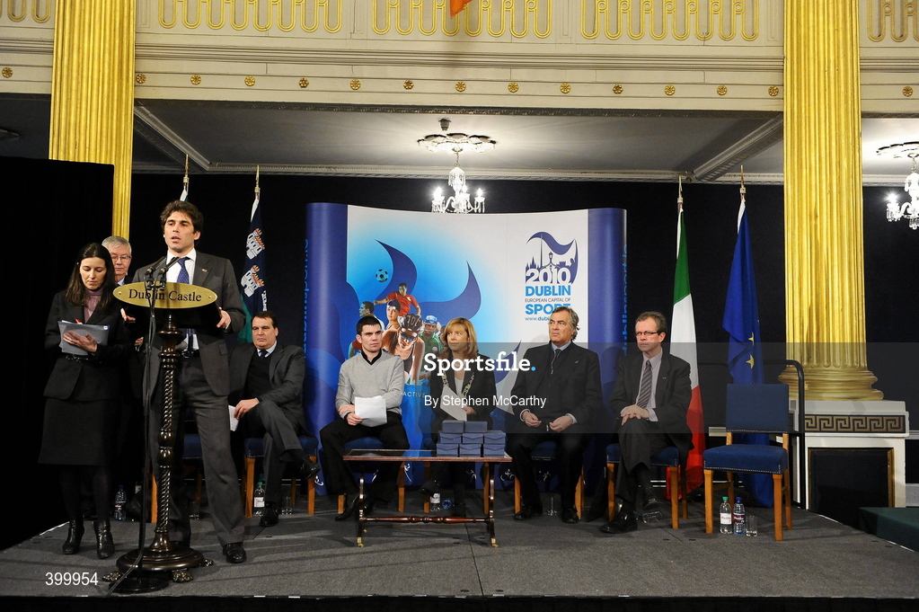 4 February 2010; Cllr. Alan Christian Rizzi, from Milan, Italy, holder of the 2009 Capital of Sport designation, speaking at the handing over ceremony of the European Capital of Sport trophy and flag. Lord Mayor Councillor Emer Costello announced the appointment of eleven ambassadors of sport from Dublin’s sporting communities to celebrate the achievements of the Capital and its citizens at the start of Dublin – European Capital of Sport 2010 today. The Ambassadors of Dublin Sport were nominated by their clubs and sporting governing bodies. St Patrick's Hall, Dublin Castle, Dublin. Picture credit: Stephen McCarthy / SPORTSFILE