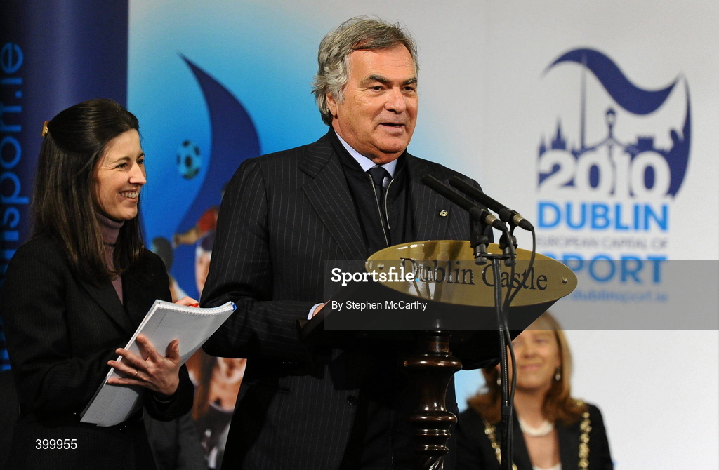4 February 2010; Mr Gian Francesco Lupatelli, from the Association of European Capitals of Sport, ACES, aided by interpreter Manuela Spinelli at the handing over ceremony of the European Capital of Sport trophy and flag. Lord Mayor Councillor Emer Costello announced the appointment of eleven ambassadors of sport from Dublin’s sporting communities to celebrate the achievements of the Capital and its citizens at the start of Dublin – European Capital of Sport 2010 today. The Ambassadors of Dublin Sport were nominated by their clubs and sporting governing bodies. St Patrick's Hall, Dublin Castle, Dublin. Picture credit: Stephen McCarthy / SPORTSFILE
