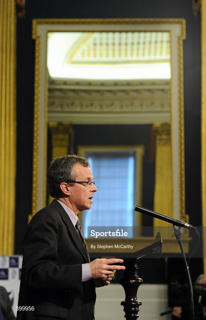 4 February 2010; Pierre Mairesse, EU Commission, speaking at the handing over ceremony of the European Capital of Sport trophy and flag. Lord Mayor Councillor Emer Costello announced the appointment of eleven ambassadors of sport from Dublin’s sporting communities to celebrate the achievements of the Capital and its citizens at the start of Dublin – European Capital of Sport 2010 today. The Ambassadors of Dublin Sport were nominated by their clubs and sporting governing bodies. St Patrick's Hall, Dublin Castle, Dublin. Picture credit: Stephen McCarthy / SPORTSFILE