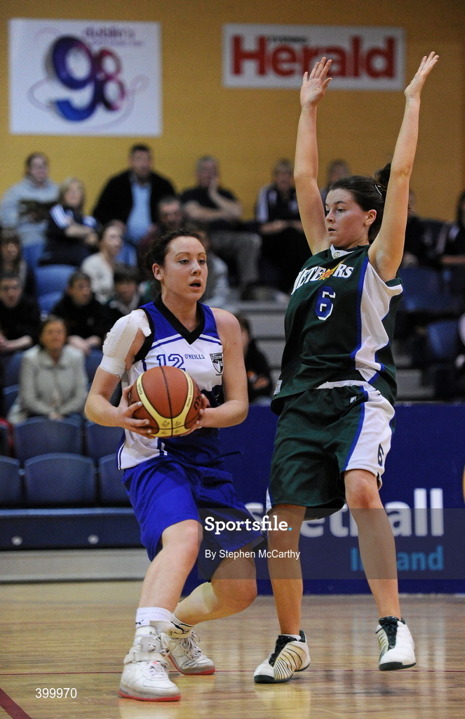 29 January 2010; Laoise Murphy, AOS Security Glanmire, in action against Rebecca Nagle, Meteors. Basketball Ireland Women’s Under 18 National Cup Final, AOS Security Glanmire, Cork, v Meteors, Dublin, National Basketball Arena, Tallaght, Dublin. Picture credit: Stephen McCarthy / SPORTSFILE