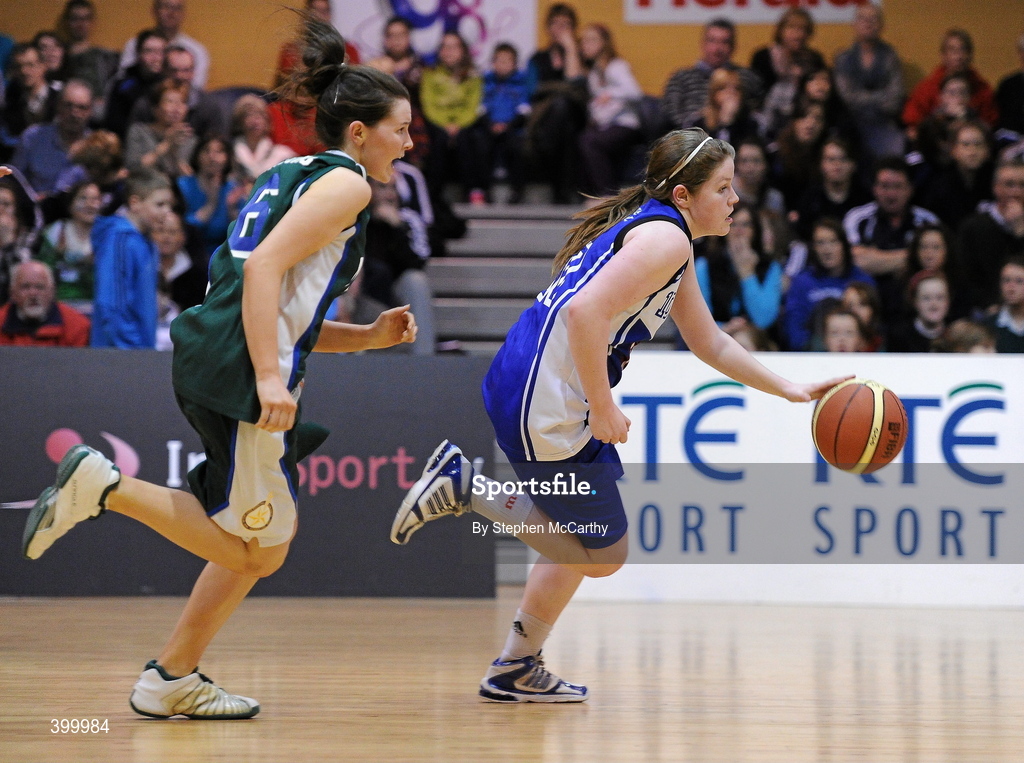 29 January 2010; Eimly O'Callaghan, AOS Security Glanmire, in action against Rebecca Nagle, Meteors. Basketball Ireland Women’s Under 18 National Cup Final, AOS Security Glanmire, Cork, v Meteors, Dublin, National Basketball Arena, Tallaght, Dublin. Picture credit: Stephen McCarthy / SPORTSFILE