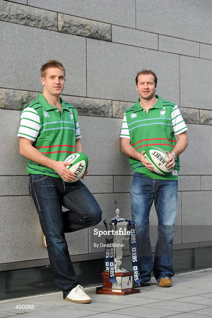 5 February 2010; Ireland rugby stars Luke Fitzgerald, left, and Geordan Murphy who brought Ireland’s famous Grand Slam winning trophy to George’s Quay today to launch the RBS 6 Nations in Ulster Bank. The injured duo looked ahead to Ireland’s defence of the Championship at the event where Ulster Bank unveiled a range of activities to add to rugby fans enjoyments of the tournament this year. Ulster Bank’s rugby website was launched with a special game available on http://rugby.ulsterbank.com and available for free download as an iphone application. Ulster Bank and Newstalk have also teamed up to host a series of events for Ireland’s away matches, starting with a dual screening of France v Ireland in Dublin, Odeon Bar, and Cork, Clancy’s Bar, on Saturday 13th February. Ulster Bank, George’s Quay, Dublin. Picture credit: David Maher / SPORTSFILE