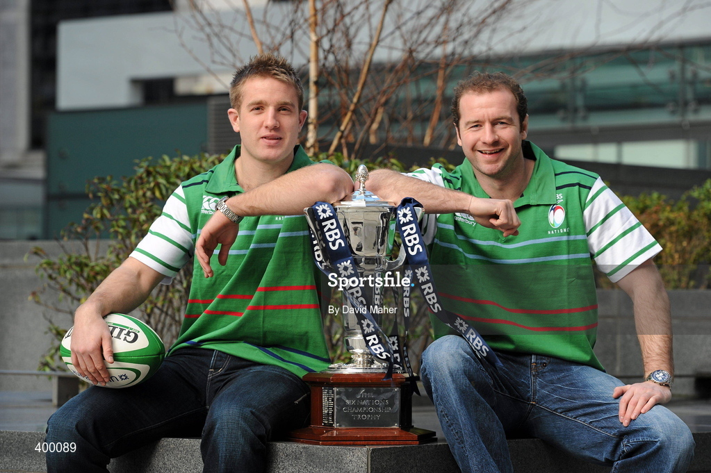 5 February 2010; Ireland rugby stars Luke Fitzgerald, left, and Geordan Murphy who brought Ireland’s famous Grand Slam winning trophy to George’s Quay today to launch the RBS 6 Nations in Ulster Bank. The injured duo looked ahead to Ireland’s defence of the Championship at the event where Ulster Bank unveiled a range of activities to add to rugby fans enjoyments of the tournament this year. Ulster Bank’s rugby website was launched with a special game available on http://rugby.ulsterbank.com and available for free download as an iphone application. Ulster Bank and Newstalk have also teamed up to host a series of events for Ireland’s away matches, starting with a dual screening of France v Ireland in Dublin, Odeon Bar, and Cork, Clancy’s Bar, on Saturday 13th February. Ulster Bank, George’s Quay, Dublin. Picture credit: David Maher / SPORTSFILE *