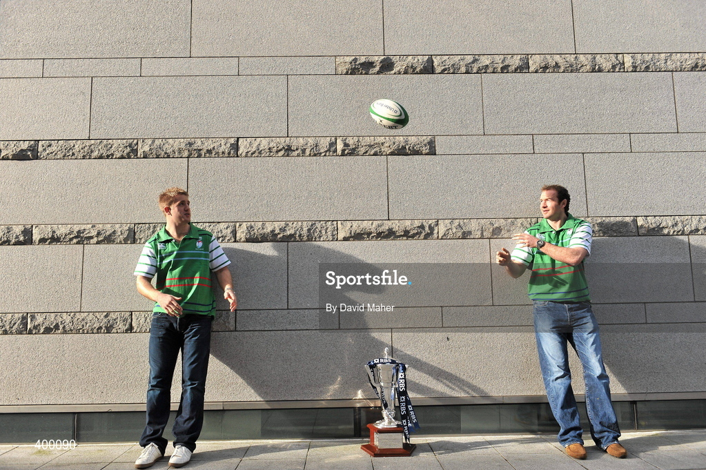 5 February 2010; Ireland rugby stars Luke Fitzgerald, left, and Geordan Murphy who brought Ireland’s famous Grand Slam winning trophy to George’s Quay today to launch the RBS 6 Nations in Ulster Bank. The injured duo looked ahead to Ireland’s defence of the Championship at the event where Ulster Bank unveiled a range of activities to add to rugby fans enjoyments of the tournament this year. Ulster Bank’s rugby website was launched with a special game available on http://rugby.ulsterbank.com and available for free download as an iphone application. Ulster Bank and Newstalk have also teamed up to host a series of events for Ireland’s away matches, starting with a dual screening of France v Ireland in Dublin, Odeon Bar, and Cork, Clancy’s Bar, on Saturday 13th February. Ulster Bank, George’s Quay, Dublin. Picture credit: David Maher / SPORTSFILE