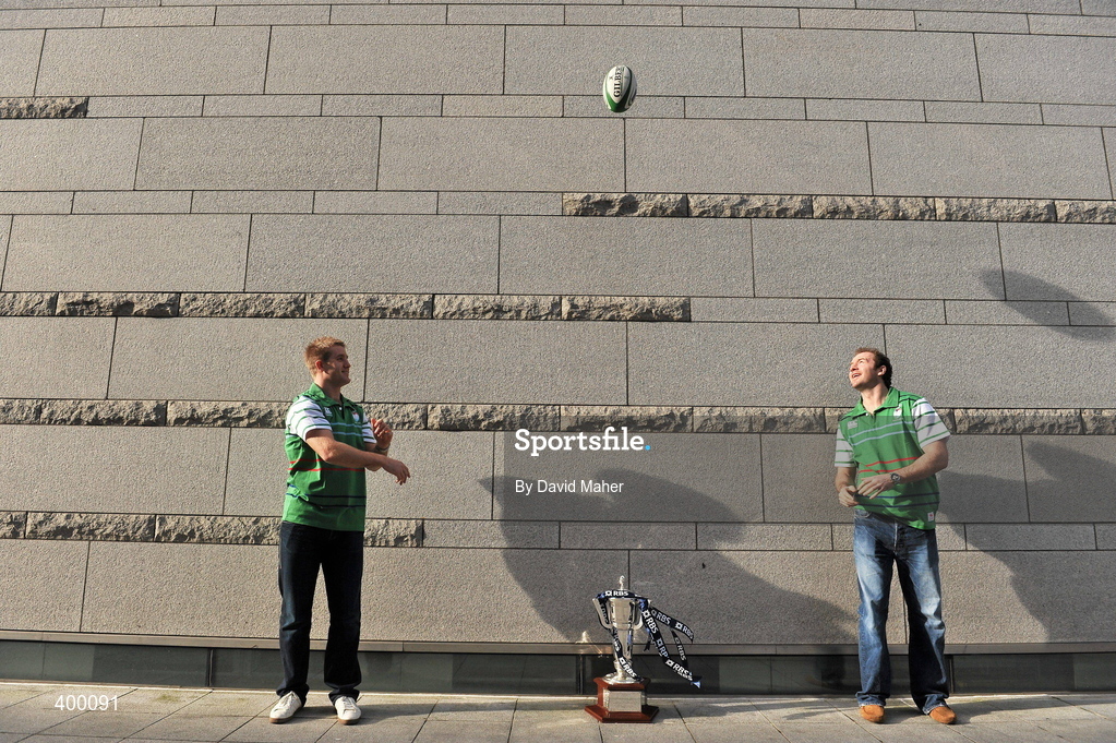 5 February 2010; Ireland rugby stars Luke Fitzgerald, left, and Geordan Murphy who brought Ireland’s famous Grand Slam winning trophy to George’s Quay today to launch the RBS 6 Nations in Ulster Bank. The injured duo looked ahead to Ireland’s defence of the Championship at the event where Ulster Bank unveiled a range of activities to add to rugby fans enjoyments of the tournament this year. Ulster Bank’s rugby website was launched with a special game available on http://rugby.ulsterbank.com and available for free download as an iphone application. Ulster Bank and Newstalk have also teamed up to host a series of events for Ireland’s away matches, starting with a dual screening of France v Ireland in Dublin, Odeon Bar, and Cork, Clancy’s Bar, on Saturday 13th February. Ulster Bank, George’s Quay, Dublin. Picture credit: David Maher / SPORTSFILE