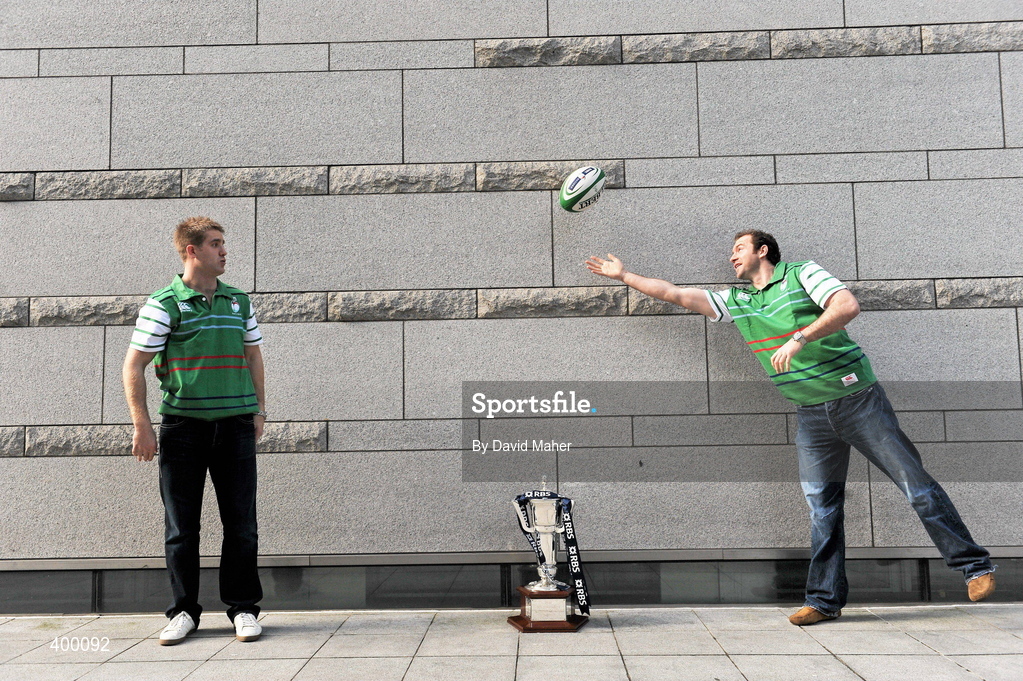5 February 2010; Ireland rugby stars Luke Fitzgerald, left, and Geordan Murphy who brought Ireland’s famous Grand Slam winning trophy to George’s Quay today to launch the RBS 6 Nations in Ulster Bank. The injured duo looked ahead to Ireland’s defence of the Championship at the event where Ulster Bank unveiled a range of activities to add to rugby fans enjoyments of the tournament this year. Ulster Bank’s rugby website was launched with a special game available on http://rugby.ulsterbank.com and available for free download as an iphone application. Ulster Bank and Newstalk have also teamed up to host a series of events for Ireland’s away matches, starting with a dual screening of France v Ireland in Dublin, Odeon Bar, and Cork, Clancy’s Bar, on Saturday 13th February. Ulster Bank, George’s Quay, Dublin. Picture credit: David Maher / SPORTSFILE