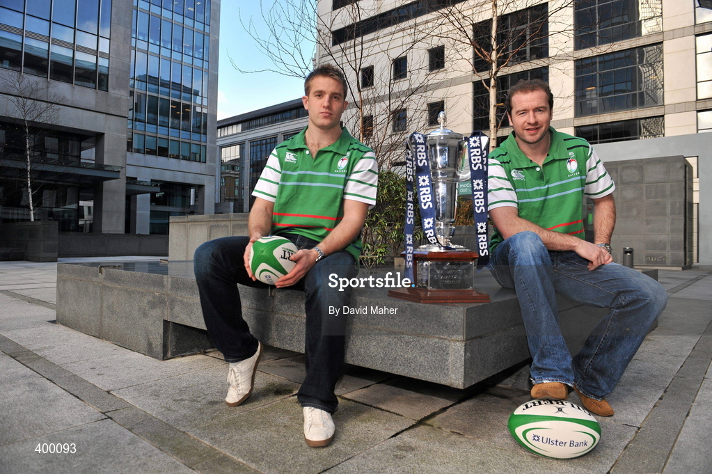 5 February 2010; Ireland rugby stars Luke Fitzgerald, left, and Geordan Murphy who brought Ireland’s famous Grand Slam winning trophy to George’s Quay today to launch the RBS 6 Nations in Ulster Bank. The injured duo looked ahead to Ireland’s defence of the Championship at the event where Ulster Bank unveiled a range of activities to add to rugby fans enjoyments of the tournament this year. Ulster Bank’s rugby website was launched with a special game available on http://rugby.ulsterbank.com and available for free download as an iphone application. Ulster Bank and Newstalk have also teamed up to host a series of events for Ireland’s away matches, starting with a dual screening of France v Ireland in Dublin, Odeon Bar, and Cork, Clancy’s Bar, on Saturday 13th February. Ulster Bank, George’s Quay, Dublin. Picture credit: David Maher / SPORTSFILE