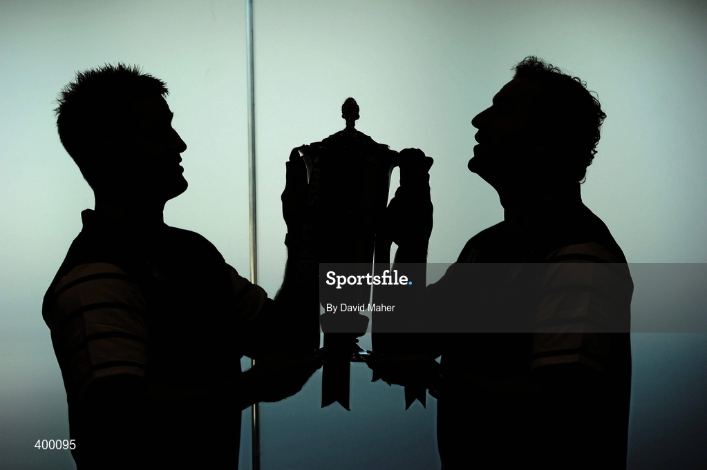 5 February 2010; Ireland rugby stars Luke Fitzgerald, left, and Geordan Murphy who brought Ireland’s famous Grand Slam winning trophy to George’s Quay today to launch the RBS 6 Nations in Ulster Bank. The injured duo looked ahead to Ireland’s defence of the Championship at the event where Ulster Bank unveiled a range of activities to add to rugby fans enjoyments of the tournament this year. Ulster Bank’s rugby website was launched with a special game available on http://rugby.ulsterbank.com and available for free download as an iphone application. Ulster Bank and Newstalk have also teamed up to host a series of events for Ireland’s away matches, starting with a dual screening of France v Ireland in Dublin, Odeon Bar, and Cork, Clancy’s Bar, on Saturday 13th February. Ulster Bank, George’s Quay, Dublin. Picture credit: David Maher / SPORTSFILE
