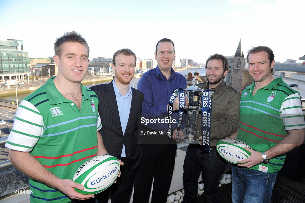 5 February 2010; Ireland rugby stars Luke Fitzgerald, left, and Geordan Murphy who brought Ireland’s famous Grand Slam winning trophy to George’s Quay today to launch the RBS 6 Nations in Ulster Bank with Newstalk presenters Oisin Langan, second from left, Jerry O'Sullivan, centre, and Ger Gilroy, second from right. The injured duo looked ahead to Ireland’s defence of the Championship at the event where Ulster Bank unveiled a range of activities to add to rugby fans enjoyments of the tournament this year. Ulster Bank’s rugby website was launched with a special game available on http://rugby.ulsterbank.com and available for free download as an iphone application. Ulster Bank and Newstalk have also teamed up to host a series of events for Ireland’s away matches, starting with a dual screening of France v Ireland in Dublin, Odeon Bar, and Cork, Clancy’s Bar, on Saturday 13th February. Ulster Bank, George’s Quay, Dublin. Picture credit: David Maher / SPORTSFILE