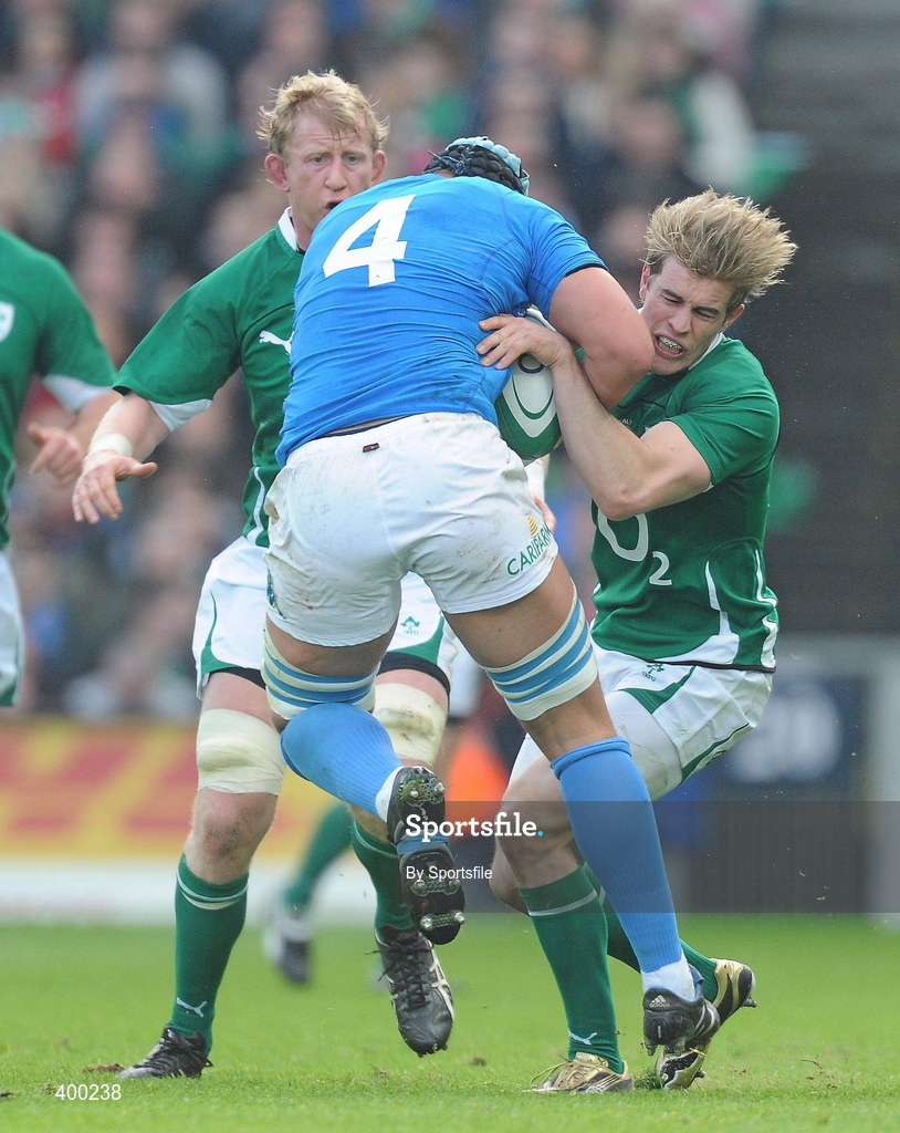 6 February 2010; Carlo Del Fava, Italy, is tackled by Andrew Trimble, Ireland. RBS Six Nations Rugby Championship, Ireland v Italy, Croke Park, Dublin. Photo by Sportsfile