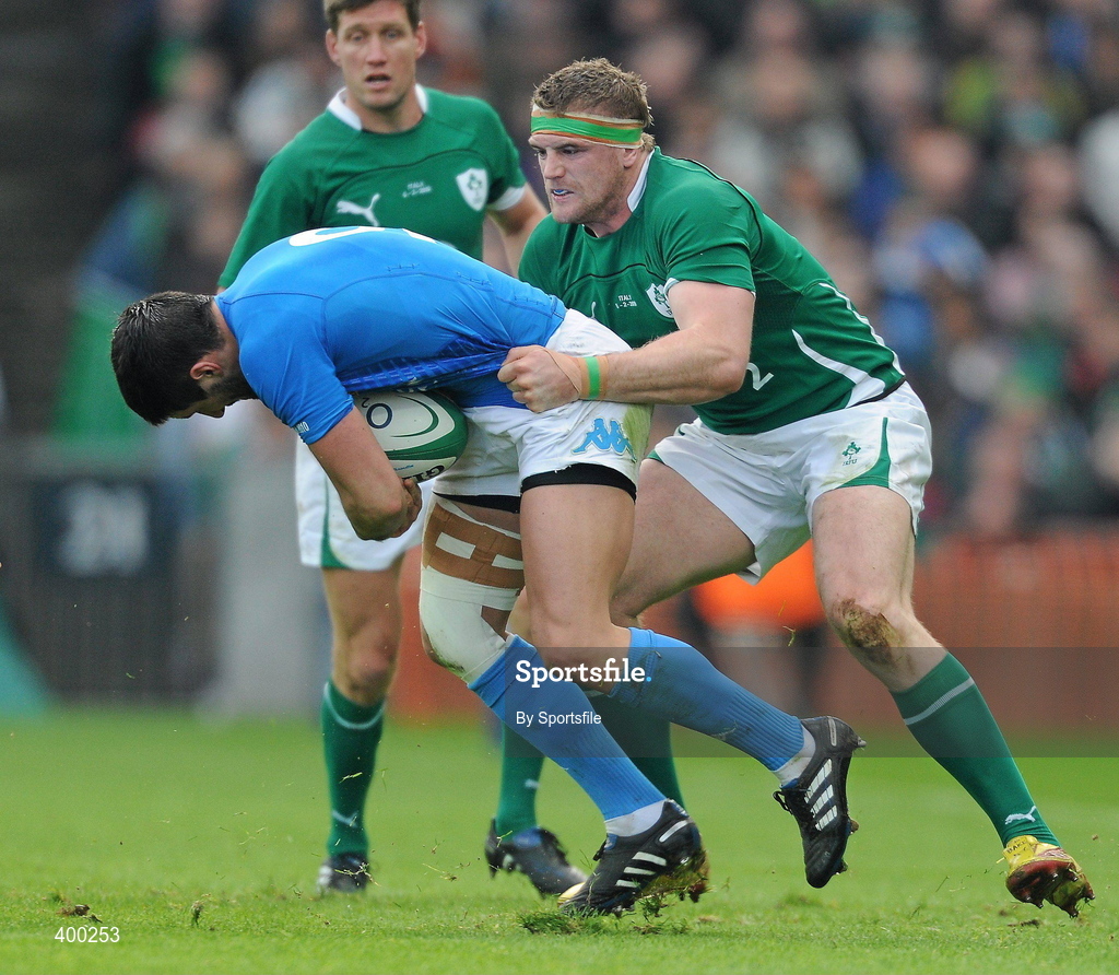 6 February 2010; Tito Tebaldi, Italy, is tackled by Jamie Heaslip, Ireland. RBS Six Nations Rugby Championship, Ireland v Italy, Croke Park, Dublin. Photo by Sportsfile