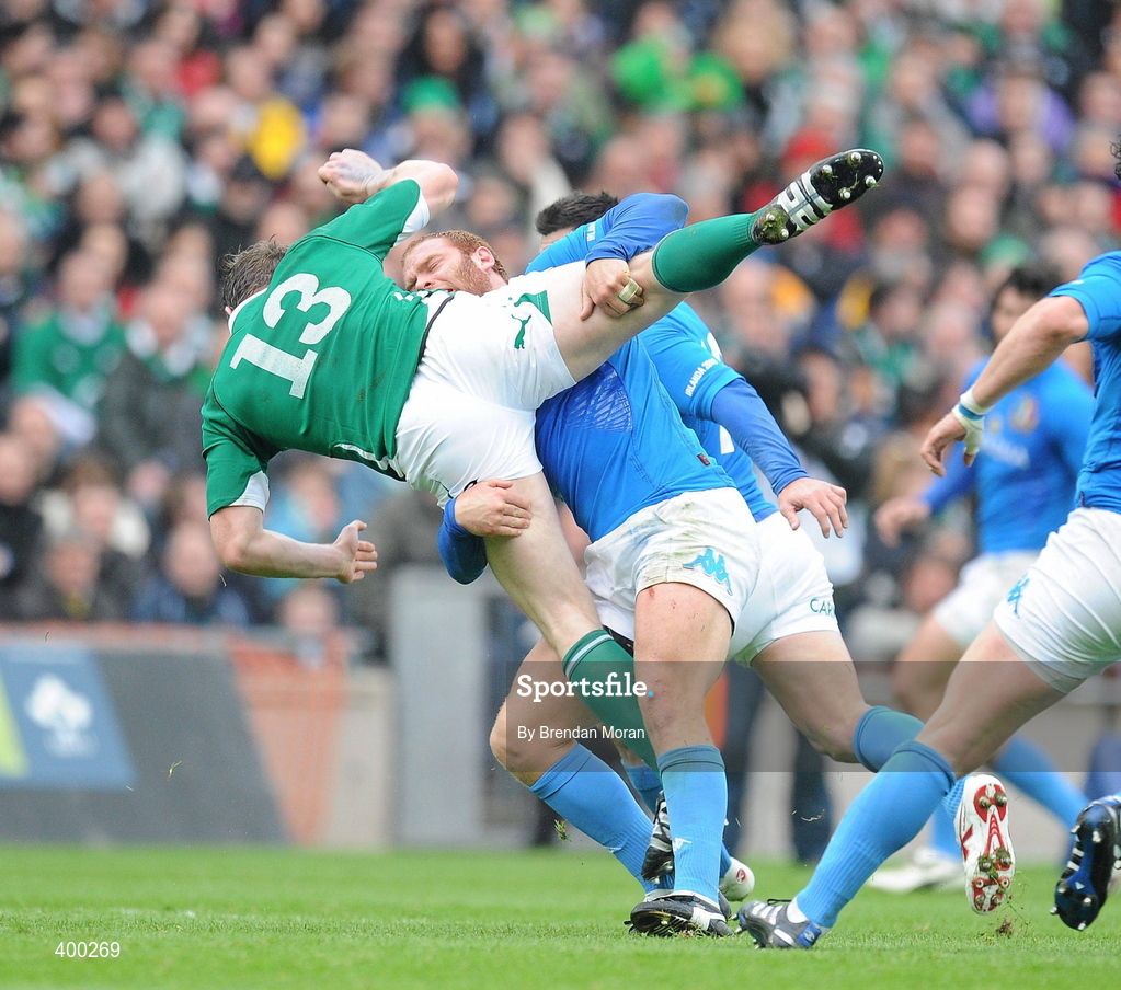 6 February 2010; Brian O’Driscoll, Ireland, is tackled by Gonzalo Garcia, Italy, who was subsequently sin-binned. RBS Six Nations Rugby Championship, Ireland v Italy, Croke Park, Dublin. Picture credit: Brendan Moran / SPORTSFILE
